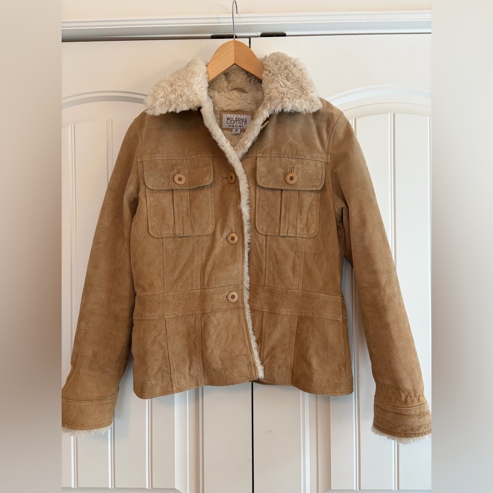 Wilsons Leather Women's Maxima Tan Suede Leather Jacket Shearling Size M